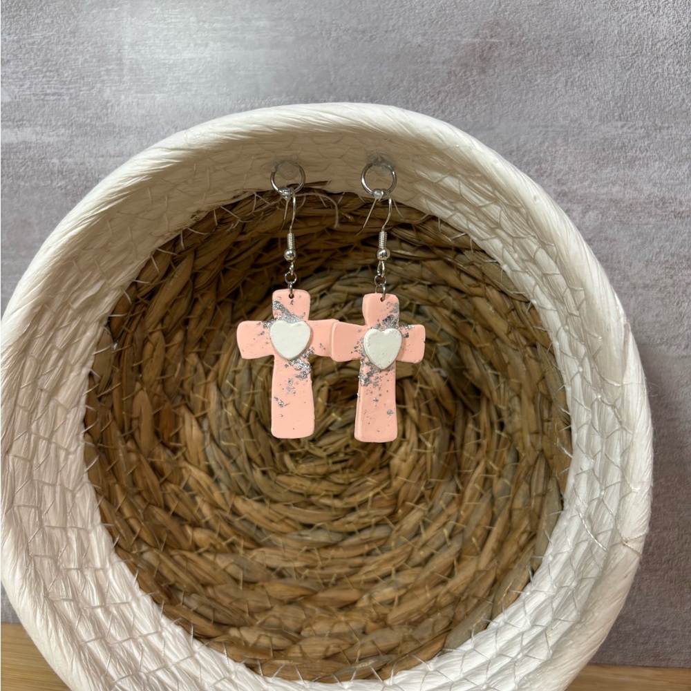 Pink Cross Earrings with Heart Accent